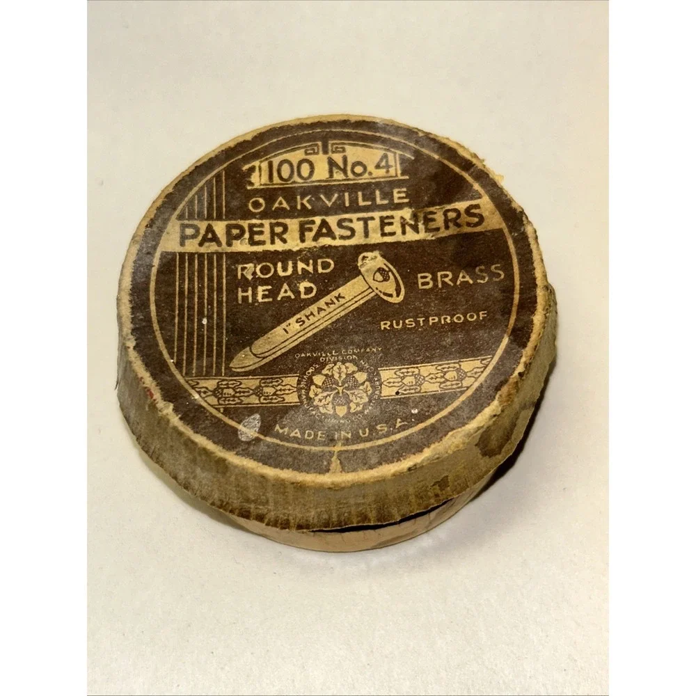 VINTAGE OAKVILLE PAPER FASTENER ROUND HEAD NO 4 BRASS In BOX